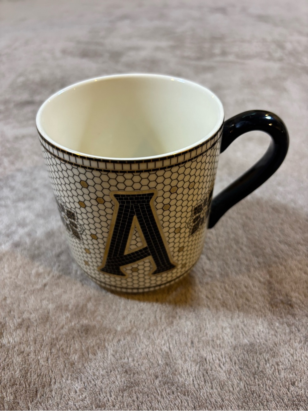 Anthropologie Bistro Tile Monogram A Ceramic Mug in Black Cream Gold